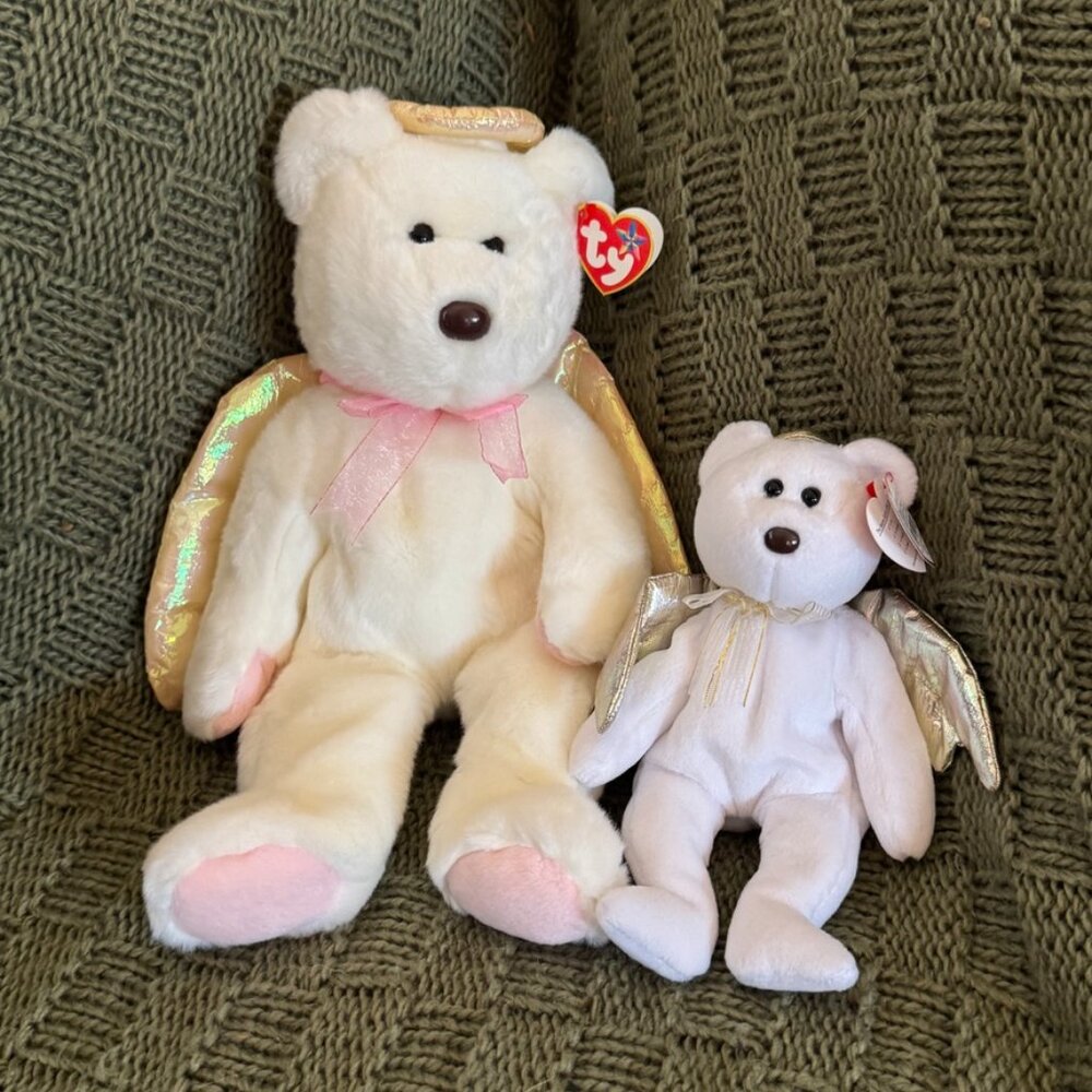 Ty Halo II Angel Bear Beanie Buddy + Beanie Baby Set (2000) Gold Wings MWMT